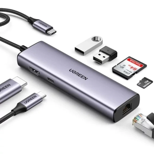 محول يو جرين CM512 7 في 1 USB-C، 2x USB-A 3.2، 2x USB-C 3.2، 2x HDMI، منفذ PD، رمادي محول يو جرين CM512 7 في 1 USB-C، 2x USB-A 3.2، 2x USB-C 3.2، 2x HDMI، منفذ PD، رمادي